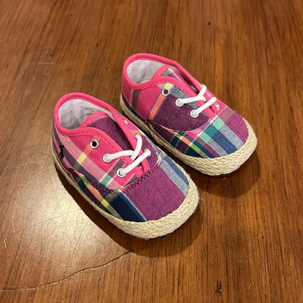 Polo Ralph Lauren Pink Plaid Bowman Lace Crib Shoes Sneakers Girls Baby Size 2